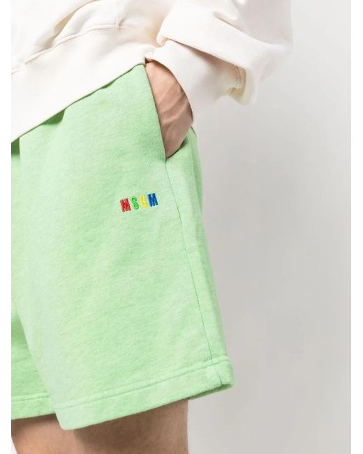 MSGM Green Embroidered-Logo Cotton Shorts for men