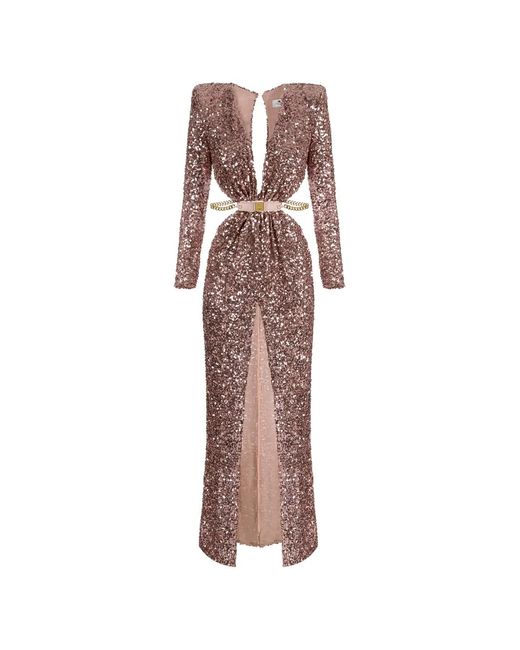 Elisabetta Franchi Natural Carpet Sequinned Dress With Belt