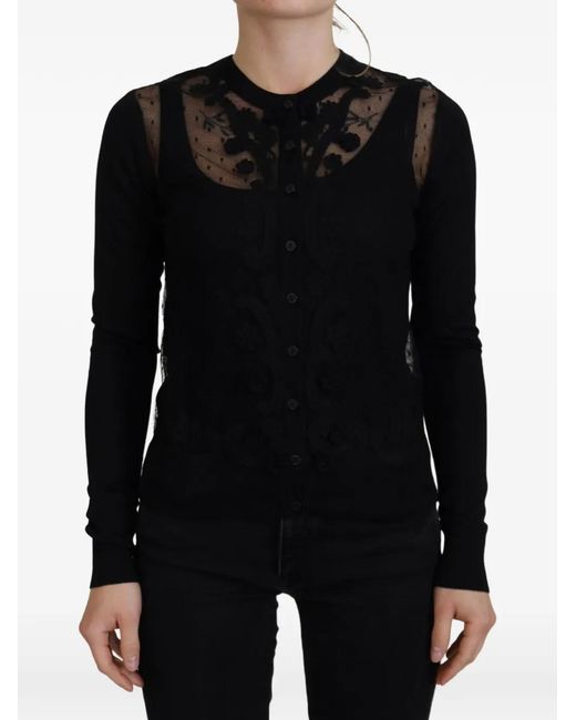 Dolce & Gabbana Black Lace-Panelled Floral-Applique Cardigan