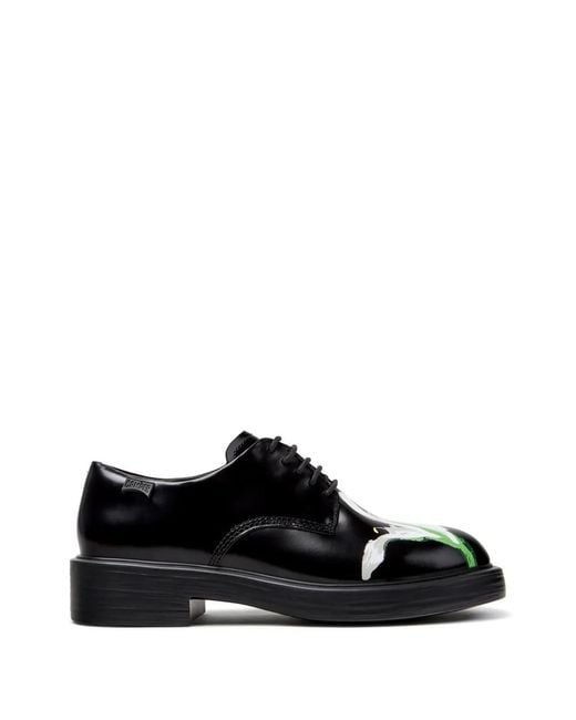 Camper Black Twins Floral-Print Leather Derby Shoes