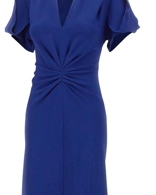 Victoria Beckham Blue Eve Bright Viscose Blend Stretch Cady Midi Dress With Pleated Detail