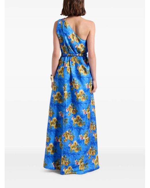 LaDoubleJ Blue Roy One-Shoulder Floral-Print Midi Dress