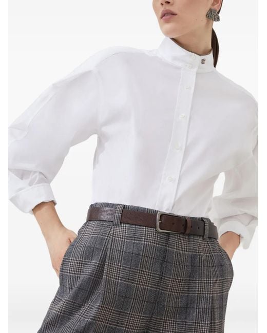 Brunello Cucinelli White High-Collar Button-Up Shirt