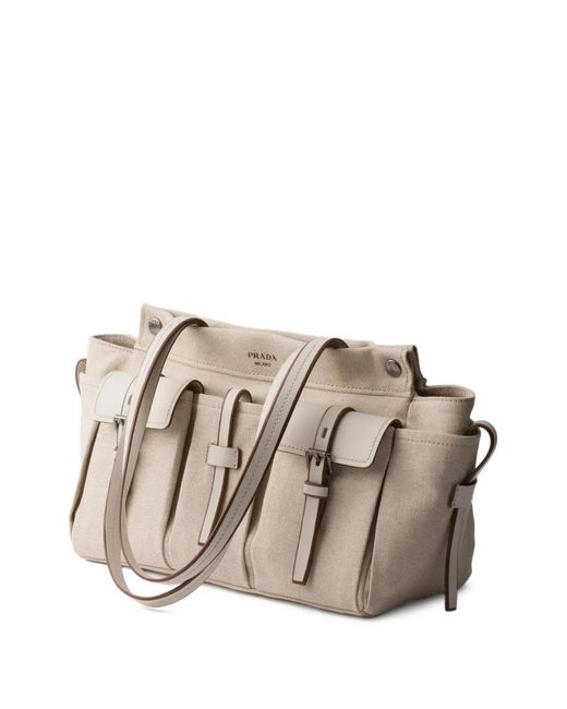 Prada White Route Large Canvas And Leather Tote Bag