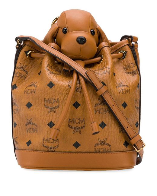 MCM Brown Zoo Small Dog Drawstring Bag In Cognac Coated Canvas