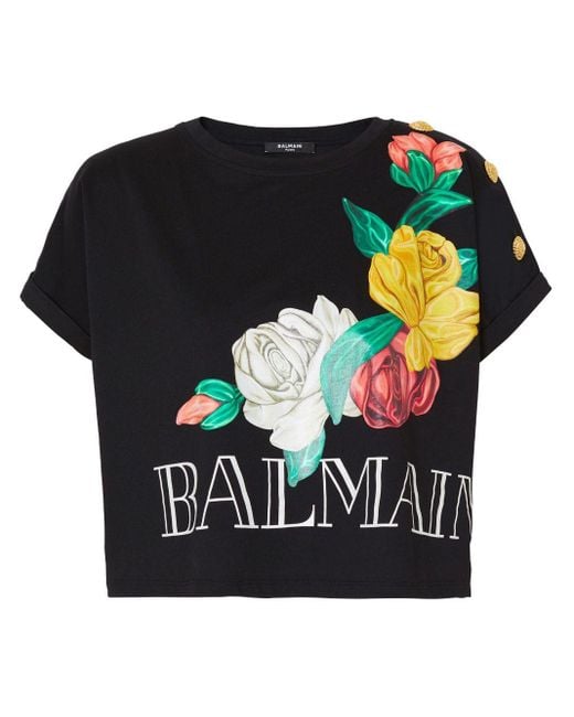 T-shirt crop à fleurs Balmain en coloris Black