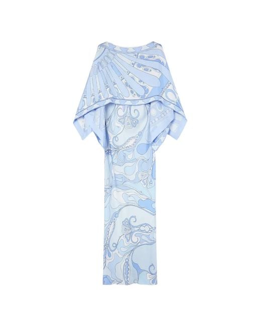 Emilio Pucci Blue Orchidee And Soleil-Print Silk Dress With Cape