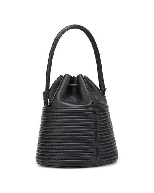 POTAMY Black Drawstring Ribbed Leather Bucket Bag
