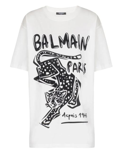 Camiseta con estampado de leopardo Balmain de color White
