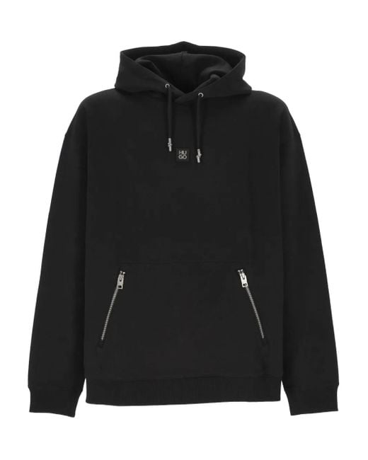HUGO Black Logo-Plaque Zip-Pocket Hoodie for men