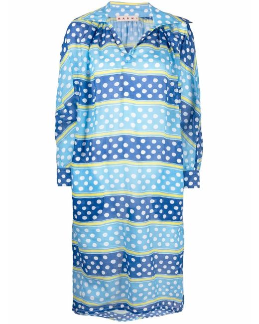 Marni Blue Striped Polka Dot Dress