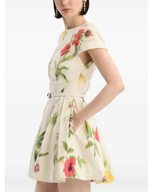 Oscar de la Renta Metallic Chiné Dominican Mixed-Floral Cotton Poplin Dress