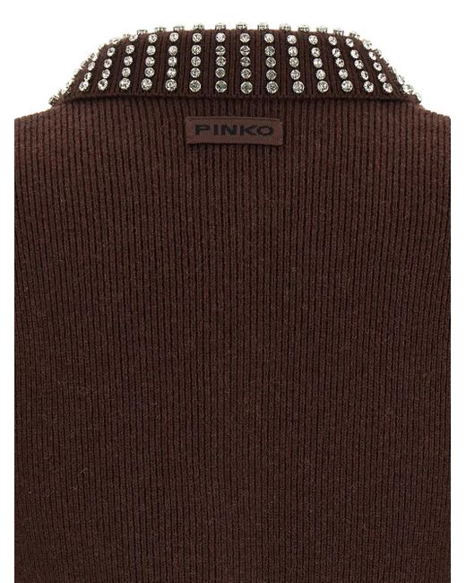 Pinko Brown Rhinestone-Collar Short-Sleeved Top
