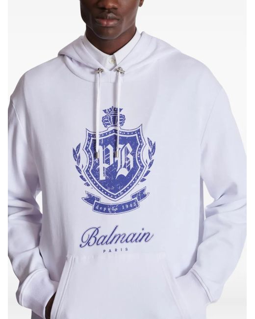 Balmain White College Emblem Printed Drawstring Hoodie for men