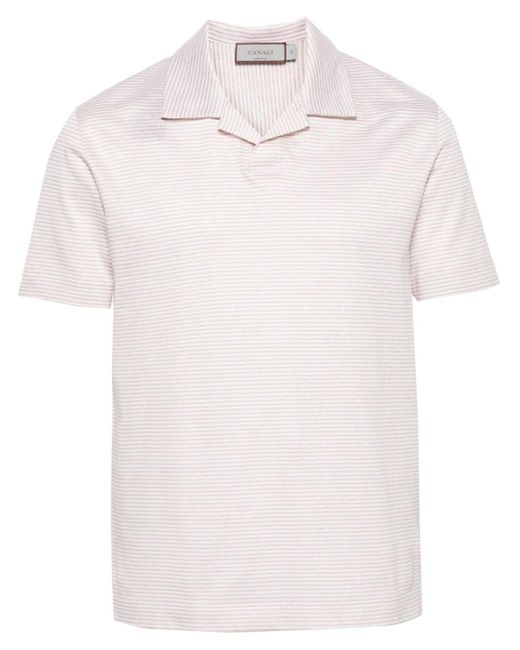 Canali White Striped Linen Blend Polo Shirt for men