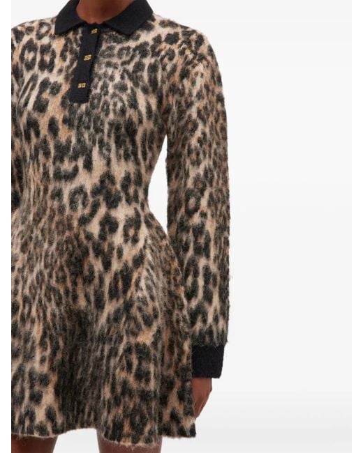 Ganni Natural Leopard-Print Button Mini Dress