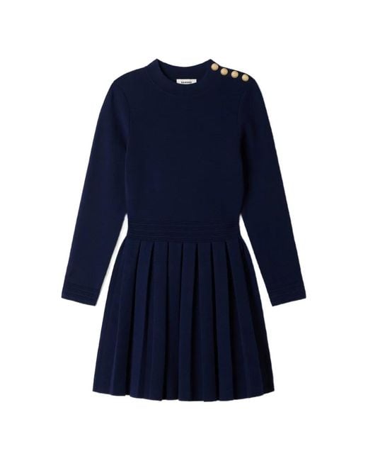 Sandro Blue Button-Detail Pleated Knitted Dress