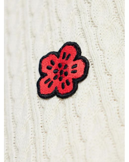 KENZO White Cable-Knit Flower-Patch Sweater