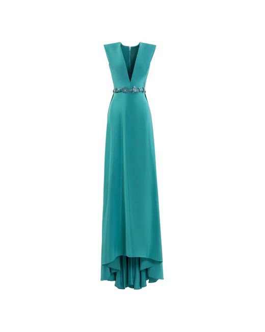 Saiid Kobeisy Blue V-Neck Floral-Belt Maxi Dress
