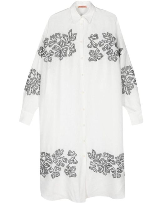 Ermanno Scervino Gray Floral-embroidered Linen Shirt Dress