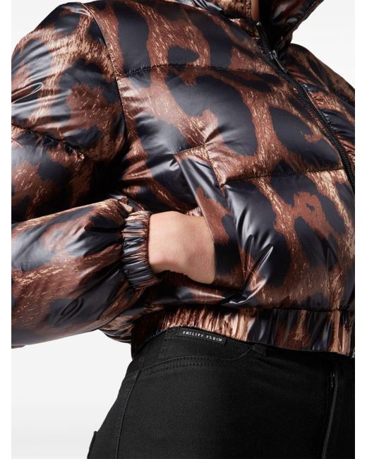 Philipp Plein Brown Leopard-print Quilted Down Jacket