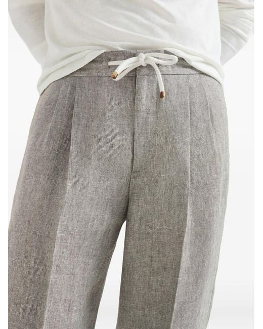 Brunello Cucinelli Gray Linen And Hemp Diagonal Trousers With Drawstring And Double Pleats for men