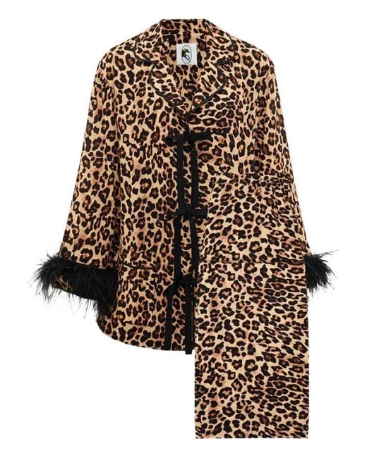 Sleeper Black Feather-Trimmed Leopard-Print Pajamas