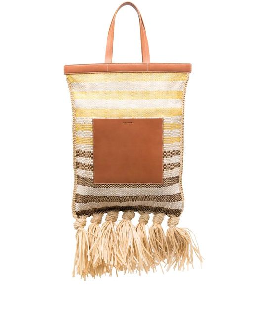 Jil Sander Natural Striped Woven-Raffia Tote Bag
