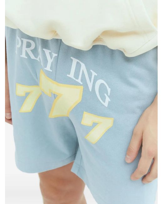 PRAYING Blue 777 Graphic-Print Shorts