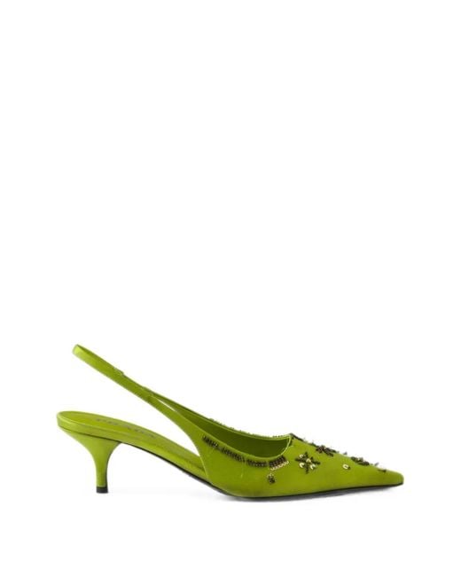 Prada Green Embroidered Satin Slingback Pumps