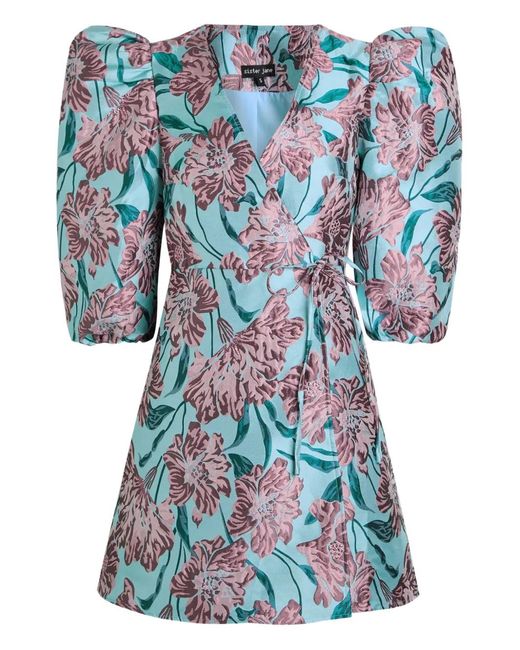 Sister Jane Blue Puffed-Sleeve Floral-Print Dress