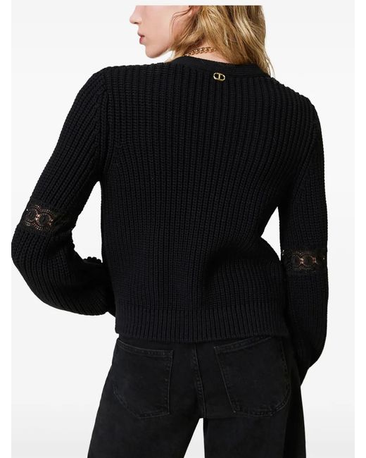 Twinset Black Lace-Panel Knitted Cardigan