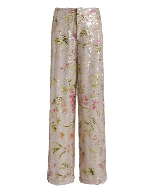 Pantalon Évasé Brodé De Sequins À Fleurs Alberta Ferretti en coloris Natural