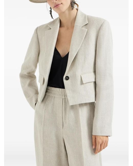 Brunello Cucinelli White Chevron-Pattern Cropped Blazer