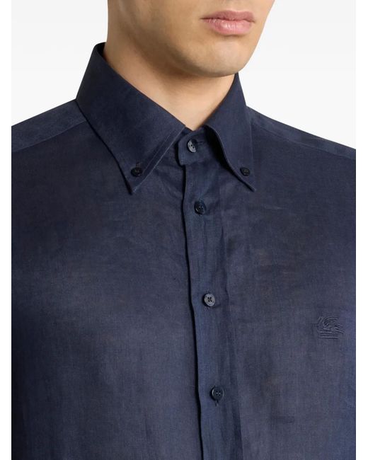 Etro Blue Linen Shirt With Pegaso Embroidery for men