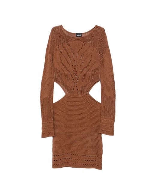Just Cavalli Brown Cut-Out Crochet-Knit Mini Dress