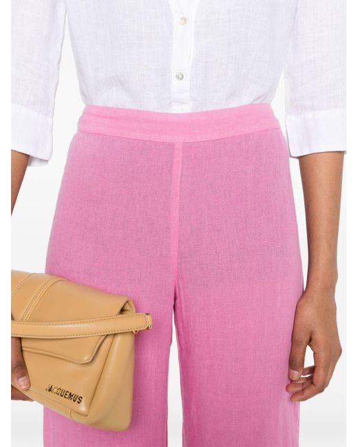 120% Lino Pink Mid-rise Linen Palazzo Trousers