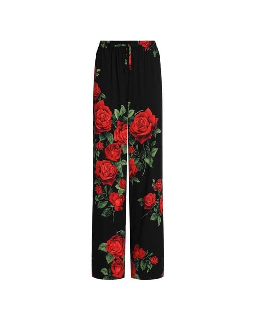 Dolce & Gabbana Red Rose-Print Vanity Silk Trousers