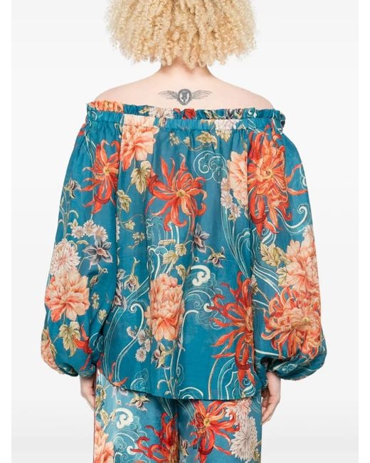 ALÉMAIS Blue Schulterfreie Bluse Mit Blumen-Print