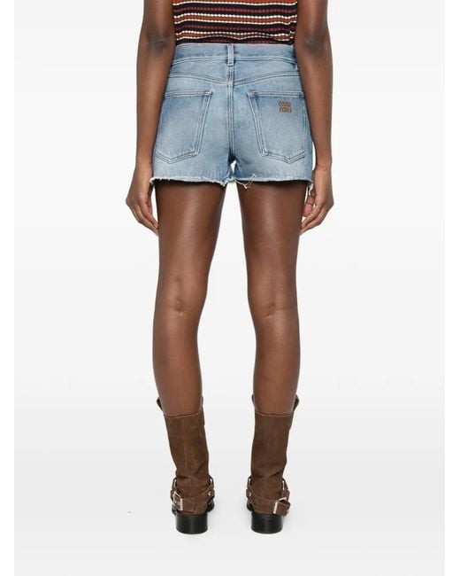 Miu Miu Blue Short En Jean À Bords Francs