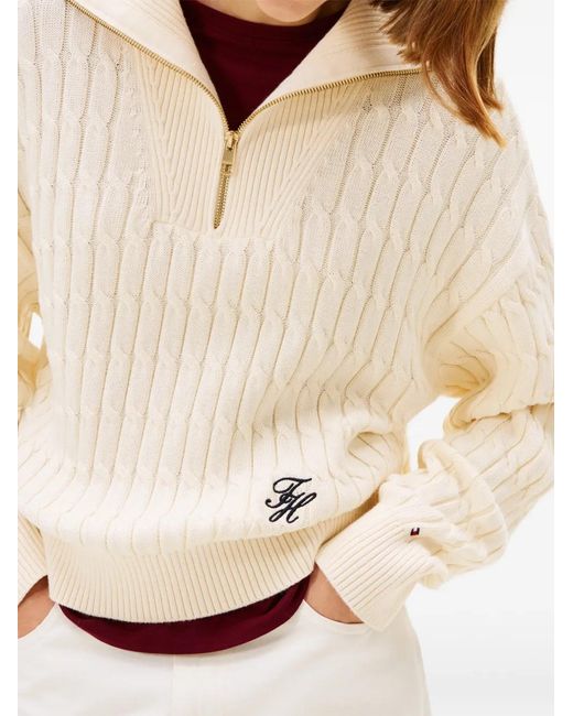 Tommy Hilfiger White Cable-Knit Zip-Up Sweater
