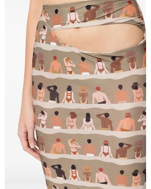 Amir Slama Natural Swimmer-Print Cut-Out Maxi Skirt