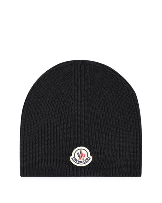 Moncler Black Logo-Patch Ribbed-Knit Beanie Hat for men