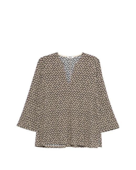Siyu Brown Geometric-Pattern V-Neck Blouse