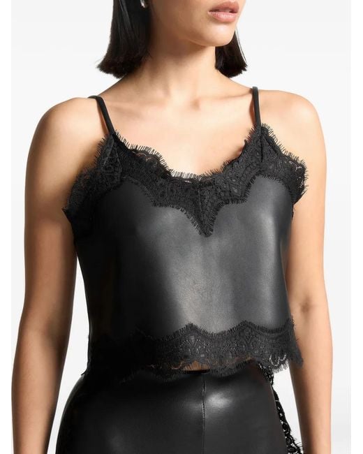 Manière De Voir Black Lace Trim Leather Camisole Top