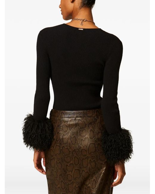 Twinset Black Pull En Maille Côtelée Avec Fourrure Artificielle