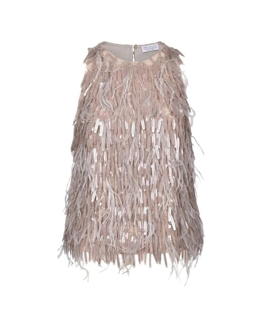 Brunello Cucinelli Natural Sequin-Embellished Feather-Trim Sleeveless Silk Top