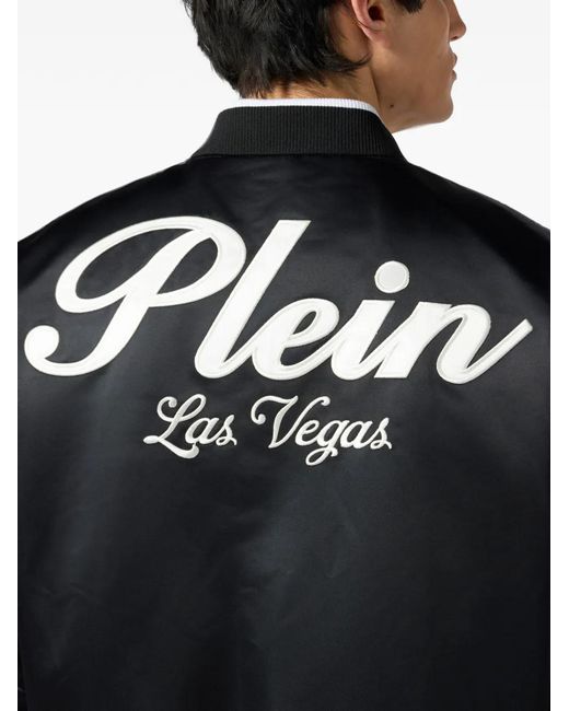 Philipp Plein Black Shiny Satin Varsity Bomber Signature Las Vegas for men