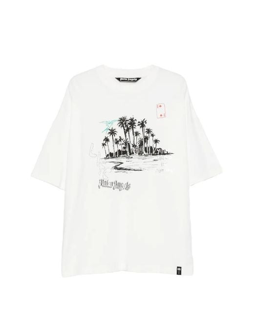 Palm Angels White Graphic-Print Rhinestone-Embellished T-Shirt for men