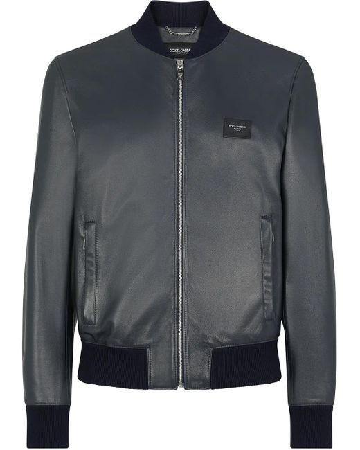 Dolce & Gabbana Blue Logo-Plaque Leather Bomber Jacket for men
